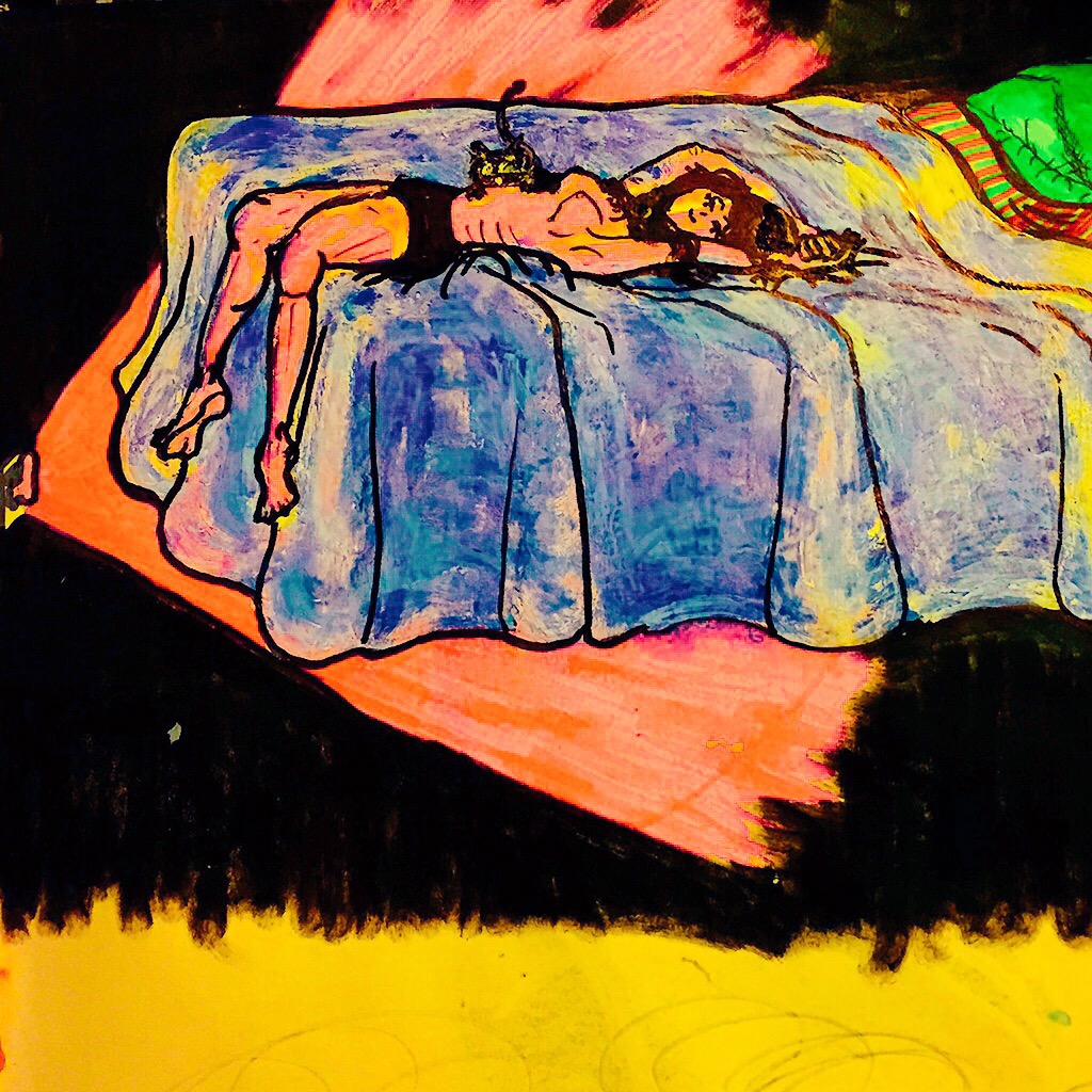 girl laying innocently, yet topless, on a bed with her cat